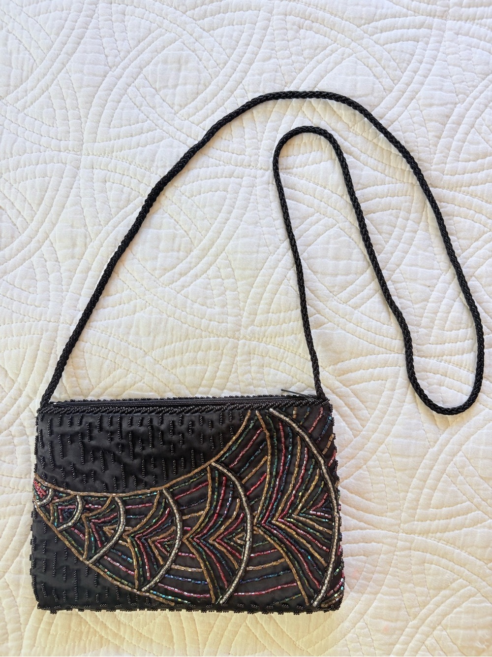 Vintage Black Beaded Crossbody Clutch with Multicolor Embroidered Sequin